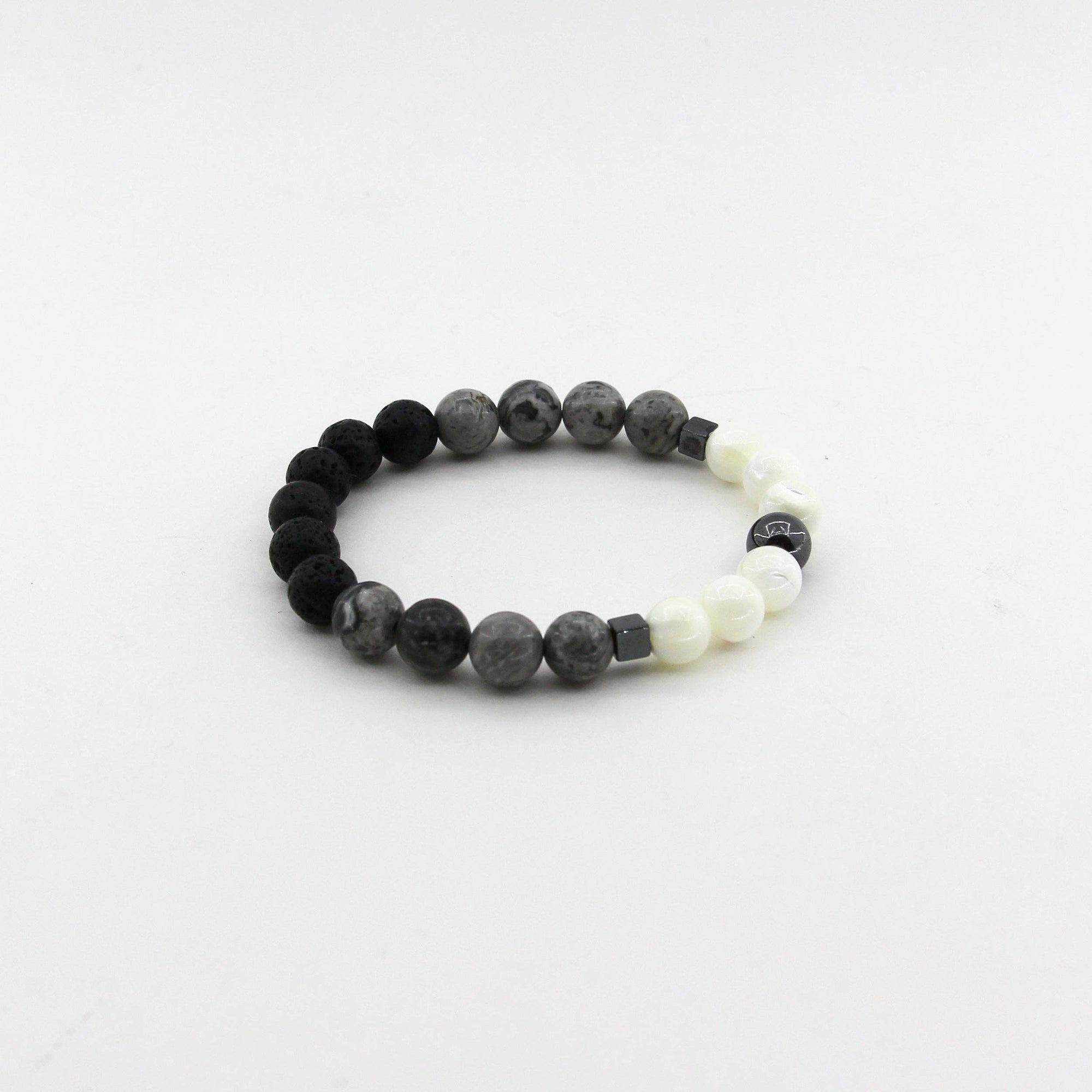 Emotional Strength - Silver Crazy Lace Jasper, Mother of Pearl, Lava, Hematite - Gemstone Bracelet